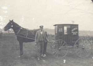 an old photo of an USPS worker with a horse and buggy